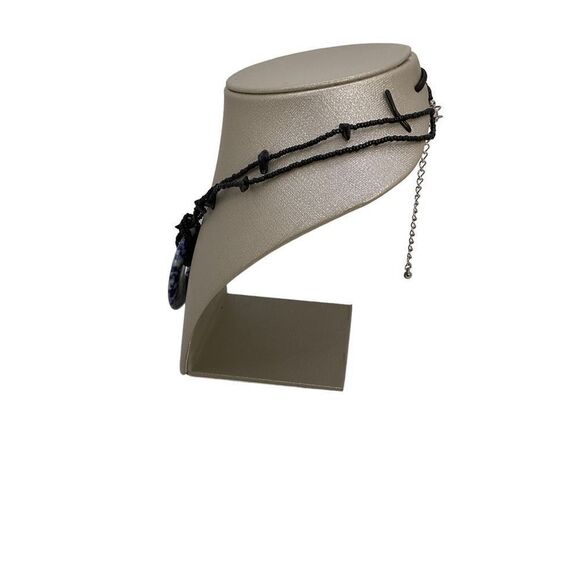 Sodalite Necklace Blue White Natural Stone Donut Pendant Black Beaded Chain - Picture 7 of 10